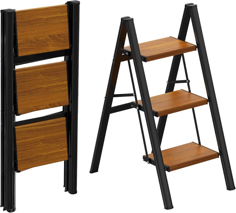 HBTower Step Ladder,Lightweight Aluminum Folding Step Stool with Anti-Slip Wide Pedal,330lbs Capacity Step Ladder for Household,Kitchen,Office - BlackWoodgrain - Image 1